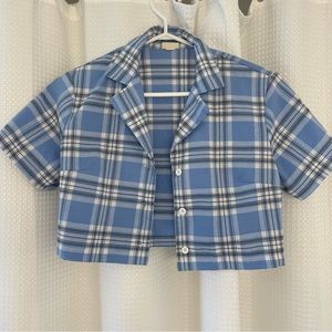 Brandy Melville Blue Plaid Button Up Cropped T-Shirt